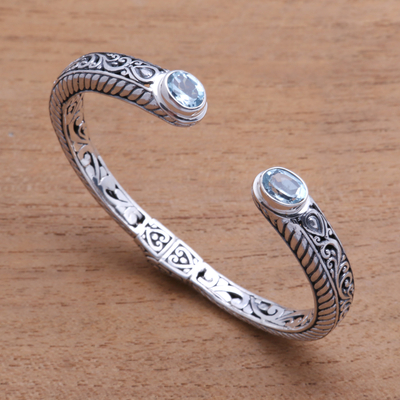 Blue topaz cuff bracelet, 'Treasure Trove' - Blue Topaz Scroll and Rope Pattern Cuff Bracelet from Bali
