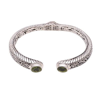 Peridot cuff bracelet, 'Treasure Trove' - Peridot Scroll and Rope Pattern Cuff Bracelet from Bali