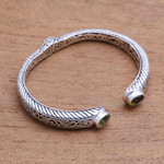 Peridot cuff bracelet, 'Treasure Trove' - Peridot Scroll and Rope Pattern Cuff Bracelet from Bali