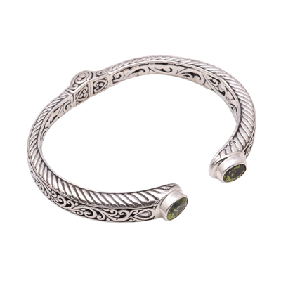 Peridot cuff bracelet, 'Treasure Trove' - Peridot Scroll and Rope Pattern Cuff Bracelet from Bali