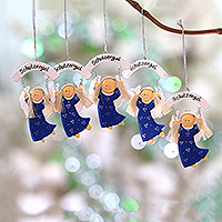 Wood ornaments, 'Schutzengel in Blue' (set of 5) - Blue Wood Guardian Angel Ornaments from Bali (Set of 5)