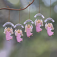 Wood ornaments, 'Schutzengel in Pink' (set of 5) - Pink Wood Guardian Angel Ornaments from Bali (Set of 5)