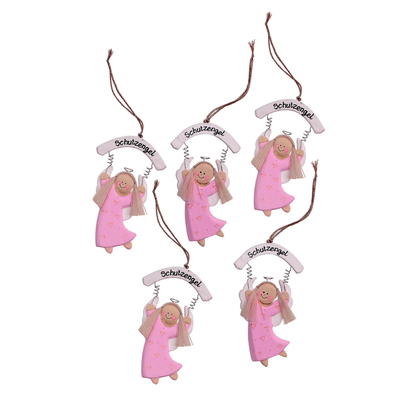 Wood ornaments, 'Schutzengel in Pink' (set of 5) - Pink Wood Guardian Angel Ornaments from Bali (Set of 5)