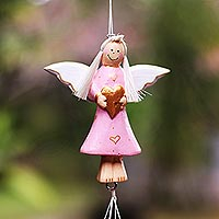 Wood and aluminum holiday decorative accent, 'Angel's Love in Pink' - Wood and Aluminum Pink Angel Holiday Decorative Accent