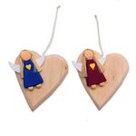 Wood ornaments, 'Heart of Angels' (pair) - Heart-Shaped Albesia Wood Angel Ornaments from Bali (Pair)