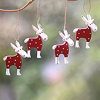 Wood ornaments, 'Winter Goats in Red' (set of 4)