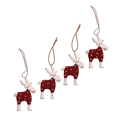 Wood ornaments, 'Winter Goats in Red' (set of 4) - Wood Goat Ornaments in Red from Bali (Set of 4)