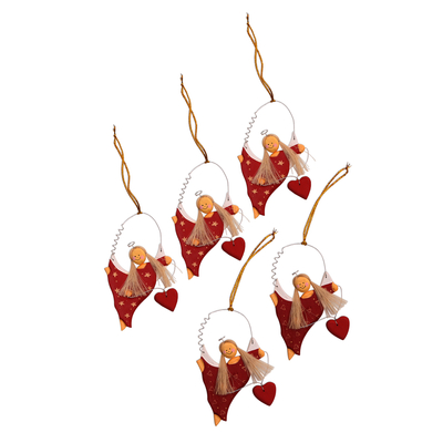 Wood ornaments, 'Angels Giving Love' (set of 5) - Heart-Themed Wood Angel Ornaments in Red (Set of 5)