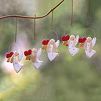 Wood ornaments, 'Loving Angels' (set of 5) - Heart-Themed Wood Angel Ornaments in White (Set of 5)