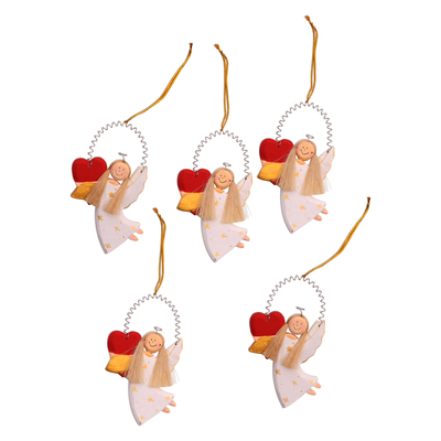 Wood ornaments, 'Loving Angels' (set of 5) - Heart-Themed Wood Angel Ornaments in White (Set of 5)