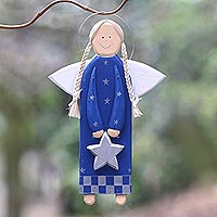 Wood holiday decor, 'Star Angel in Blue' - Blue Wood Angel with a Star in Holiday Decor from Bali