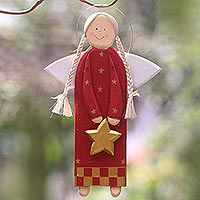 Wood holiday decor, 'Star Angel in Red' - Red Wood Angel with a Star in Holiday Decor from Bali