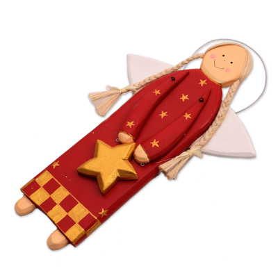 Wood holiday decor, 'Star Angel in Red' - Red Wood Angel with a Star in Holiday Decor from Bali