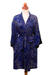 Cotton and rayon blend robe, 'Deep Water Leaves' - Leaf Motif Cotton and Rayon Blend Robe in Navy from Bali (image 2a) thumbail