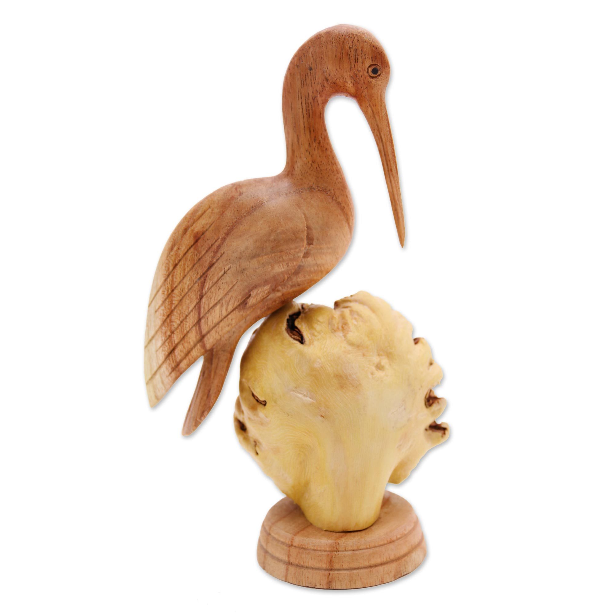 HandCarved Jempinis Wood Crane Sculpture from Bali Single Crane NOVICA