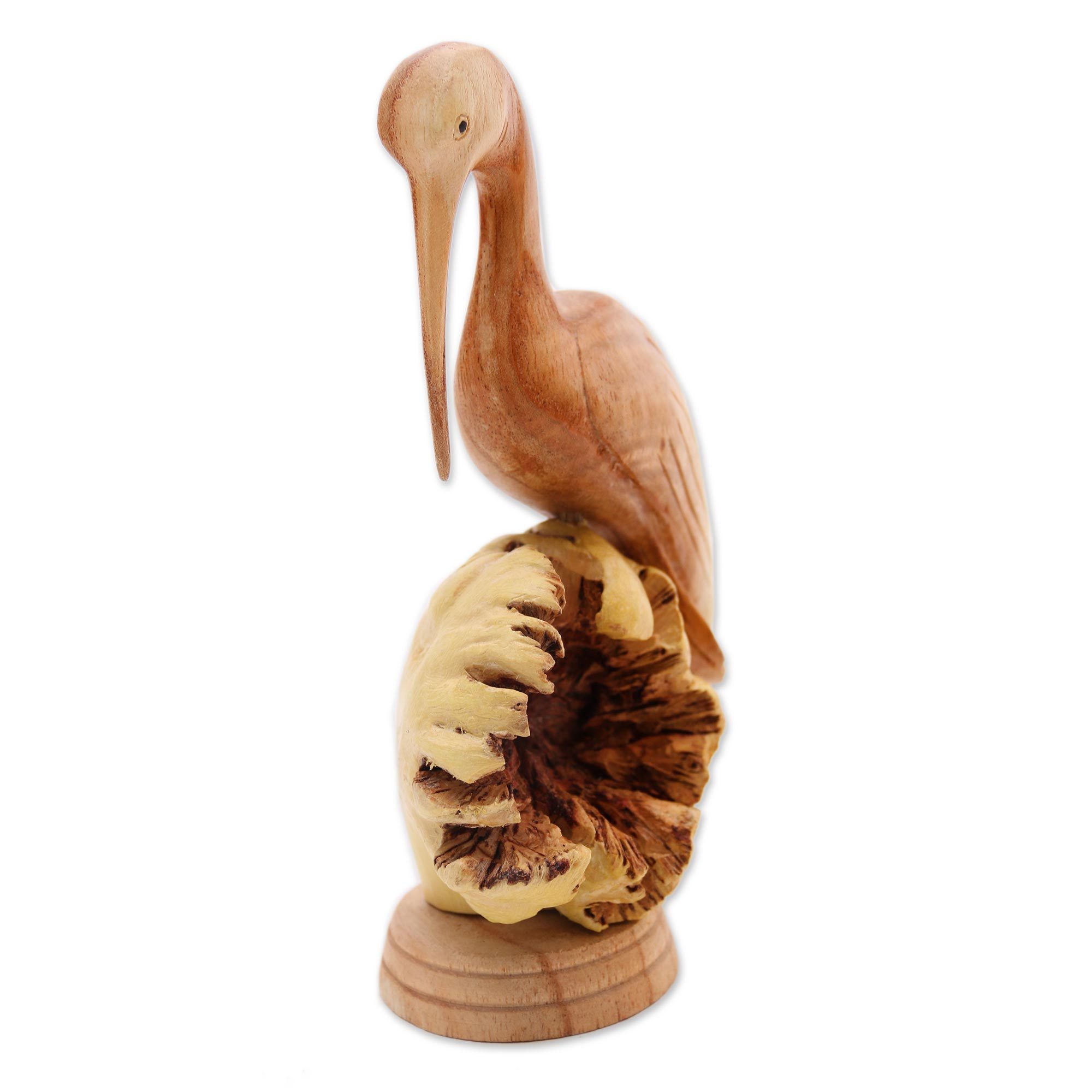 HandCarved Jempinis Wood Crane Sculpture from Bali Single Crane NOVICA