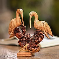 Hand-Carved Jempinis Wood Crane Couple Sculpture from Bali,'Crane Couple'