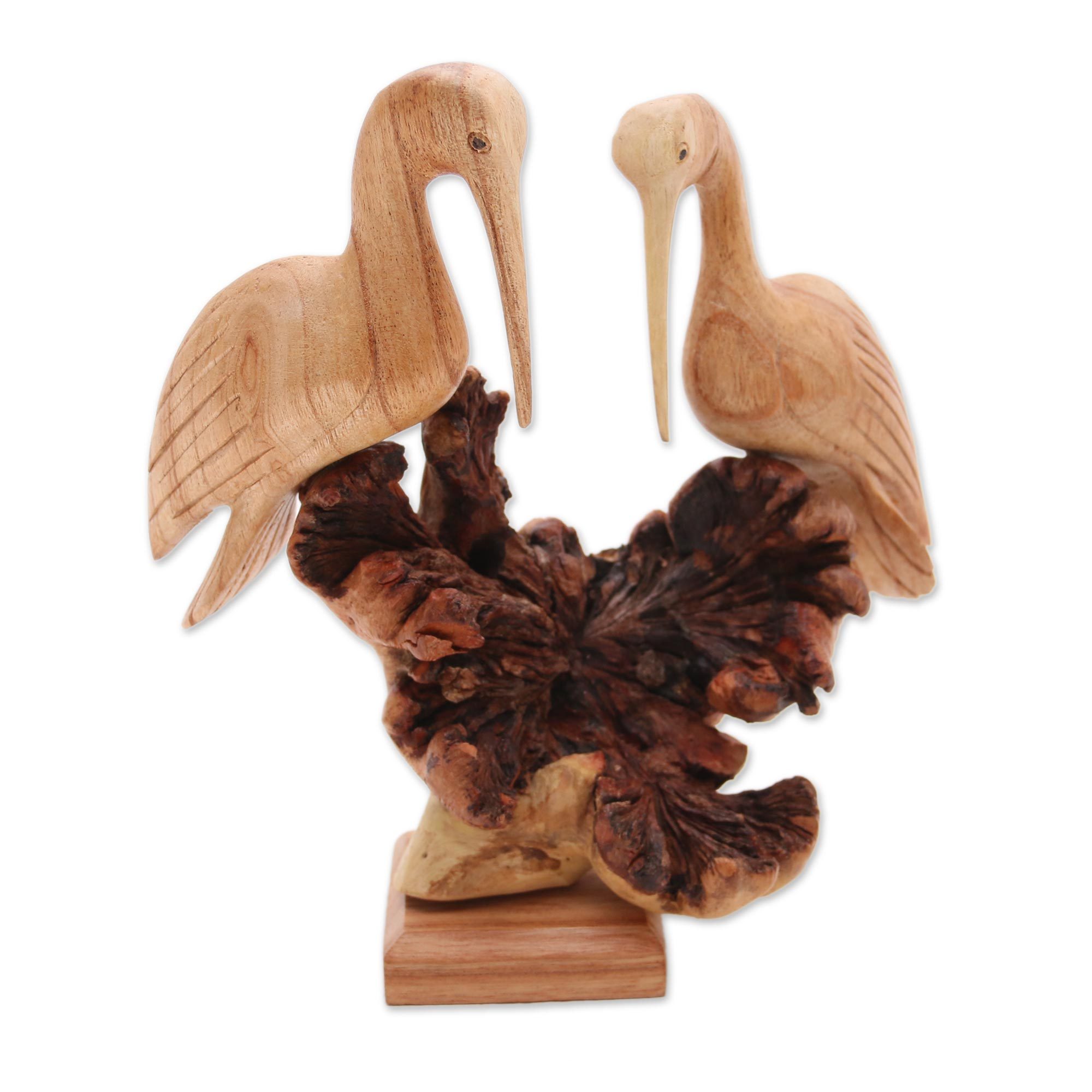 HandCarved Jempinis Wood Crane Couple Sculpture from Bali Crane