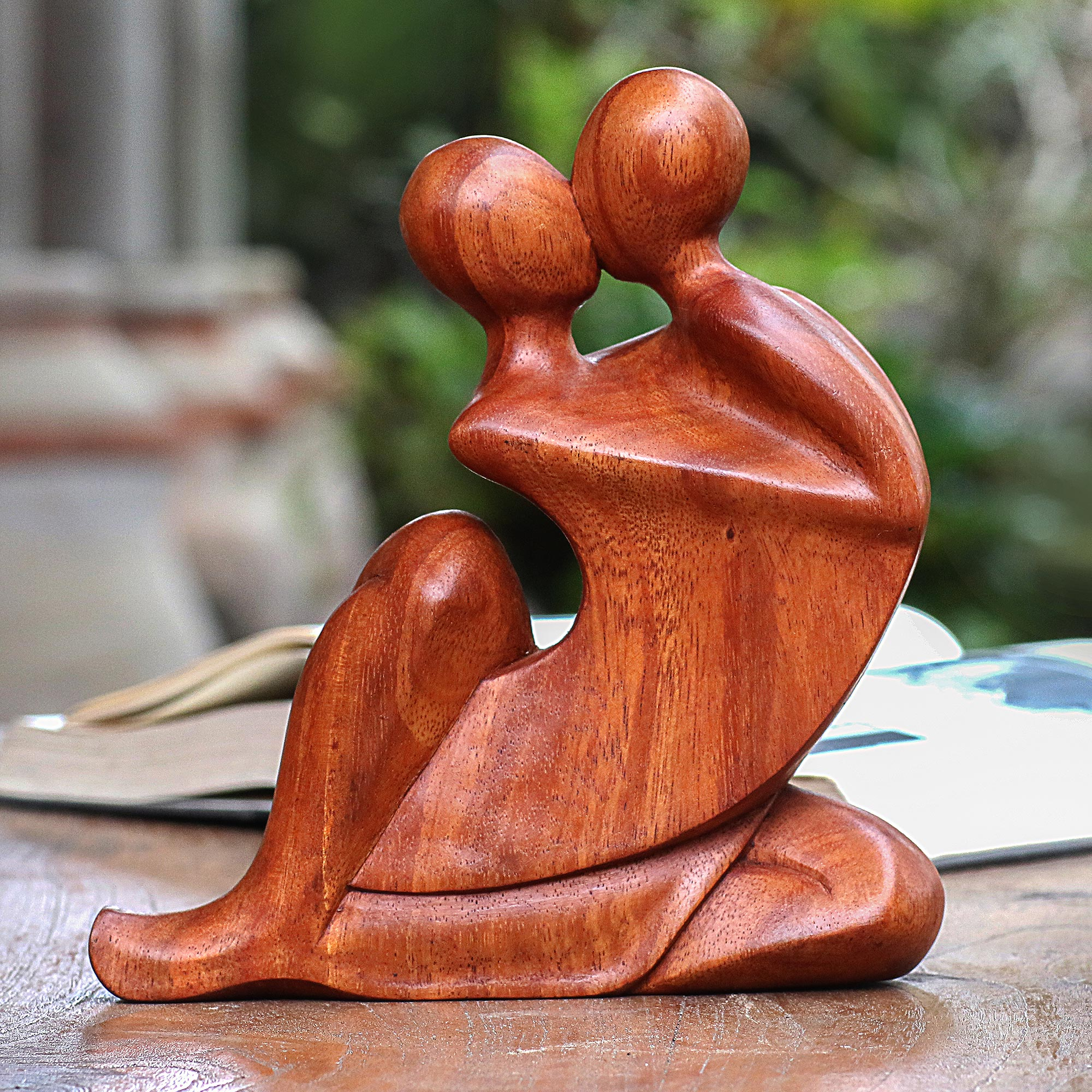NOVICA Hand Carved Suar Wood Romantic Sculpture