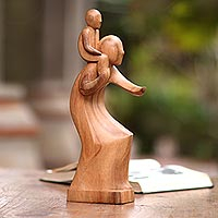 Wood sculpture, 'Father Material' - Hand-Carved Suar Wood Father and Child Sculpture from Bali
