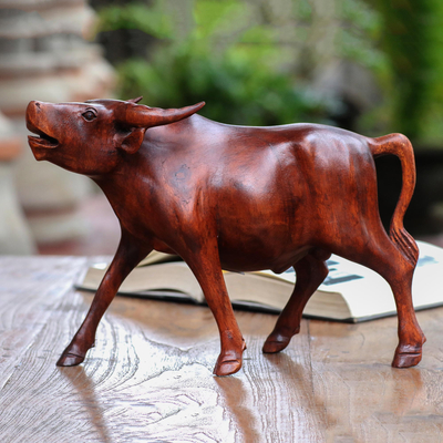 Wood sculpture, 'Lowing Buffalo' - Hand-Carved Suar Wood Buffalo Sculpture from Bali