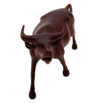 Wood sculpture, 'Lowing Buffalo' - Hand-Carved Suar Wood Buffalo Sculpture from Bali