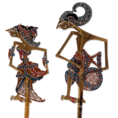 Leather shadow puppets, 'Arjuna and Srikandi' (pair) - Leather Shadow Puppets of Arjuna and Srikandi (Pair)