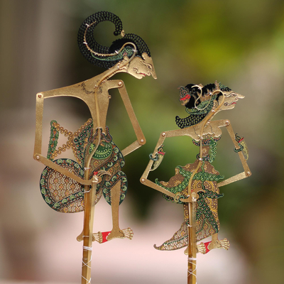Leather shadow puppets, 'Arjuna and Srikandi in Green' (pair) - Arjuna and Srikandi Leather Shadow Puppets in Green (Pair)