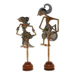 Leather shadow puppets, 'Arjuna and Srikandi in Green' (pair) - Arjuna and Srikandi Leather Shadow Puppets in Green (Pair)