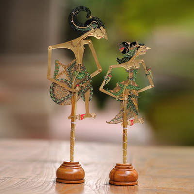 Leather shadow puppets, 'Arjuna and Srikandi in Green' (pair) - Arjuna and Srikandi Leather Shadow Puppets in Green (Pair)