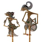 Leather shadow puppets, 'Arjuna and Srikandi in Green' (pair) - Arjuna and Srikandi Leather Shadow Puppets in Green (Pair)
