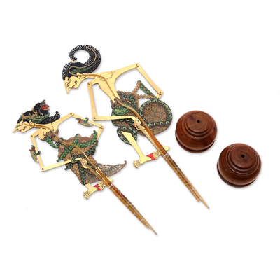 Marionetas de sombras de cuero, (pareja) - Marionetas de sombras de cuero de Arjuna y Srikandi en verde (par)
