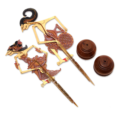 Leather shadow puppets, 'Arjuna and Srikandi in Brown' (pair) - Arjuna and Srikandi Leather Shadow Puppets in Brown (Pair)