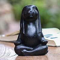 Wood sculpture, Pregnant Yoga Bunny in Black