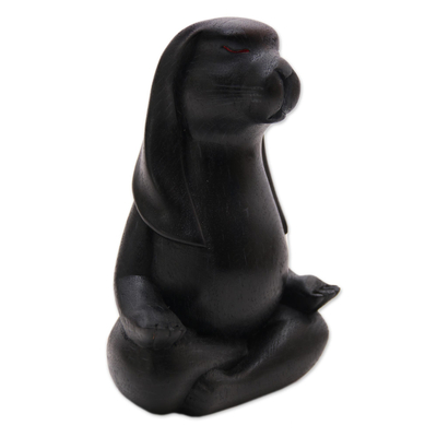 Wood sculpture, 'Pregnant Yoga Bunny in Black' - Wood Pregnant Yoga Bunny Sculpture in Black from Bali