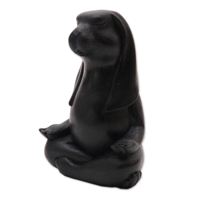 Wood sculpture, 'Pregnant Yoga Bunny in Black' - Wood Pregnant Yoga Bunny Sculpture in Black from Bali