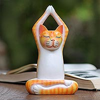 Wood sculpture, 'Toward the Sky Orange Yoga Cat' - Orange Suar Wood Asana Pose Yoga Cat Sculpture from Bali