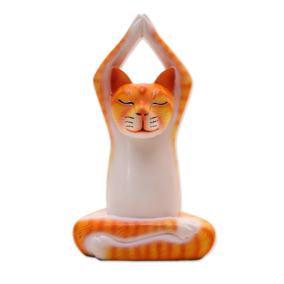 Orange Suar Wood Asana Pose Yoga Cat Sculpture from Bali