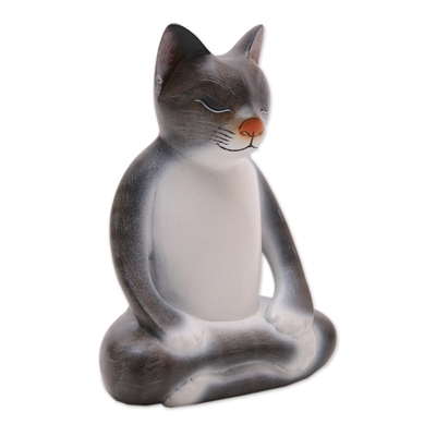 Wood sculpture, 'Peaceful Kitty in Grey' - Wood Meditating Cat Sculpture in Grey and White from Bali