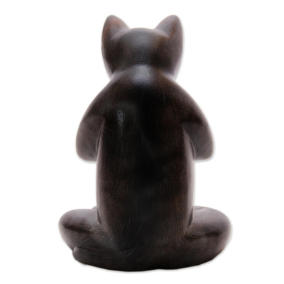 Wood sculpture, 'Full Lotus Cat in Grey' - Suar Wood Lotus Pose Yoga Cat Sculpture in Grey from Bali