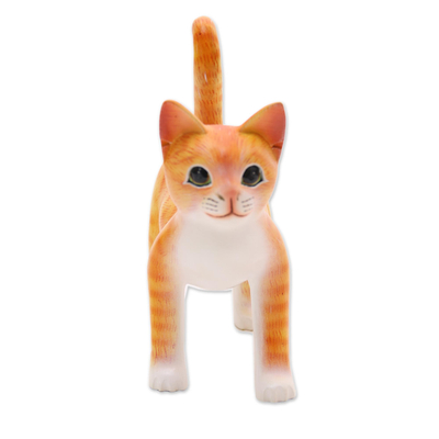 Wood sculpture, 'Curious Kitten in Orange' - Wood Standing Cat Sculpture in Orange and White from Bali