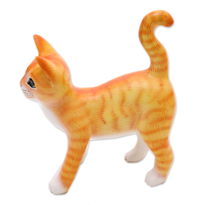 Wood sculpture, 'Curious Kitten in Orange' - Wood Standing Cat Sculpture in Orange and White from Bali