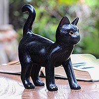 Wood sculpture, 'Curious Kitten in Black'