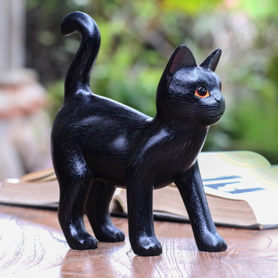 Wood sculpture, Curious Kitten in Black