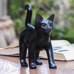 Wood sculpture, 'Curious Kitten in Black' - Wood Standing Cat Sculpture in Black from Bali from Bali