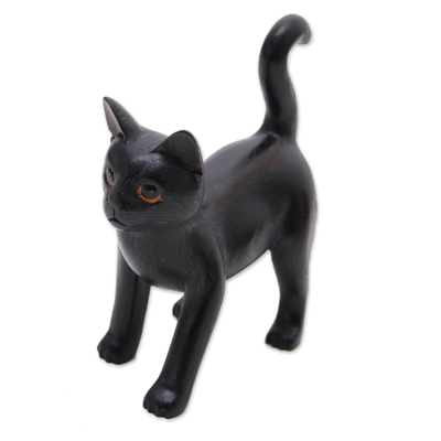 Wood sculpture, 'Curious Kitten in Black' - Wood Standing Cat Sculpture in Black from Bali from Bali