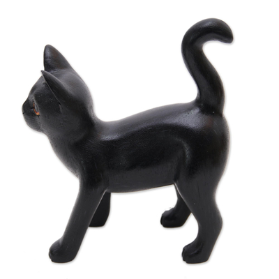 Wood sculpture, 'Curious Kitten in Black' - Wood Standing Cat Sculpture in Black from Bali from Bali