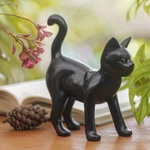 Wood sculpture, 'Curious Kitten in Black' - Wood Standing Cat Sculpture in Black from Bali from Bali