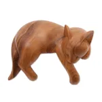Wood sculpture, 'Relaxed Cat' - Natural Finish Suar Wood Sleeping Cat Sculpture from Bali