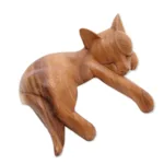 Wood sculpture, 'Relaxed Cat' - Natural Finish Suar Wood Sleeping Cat Sculpture from Bali